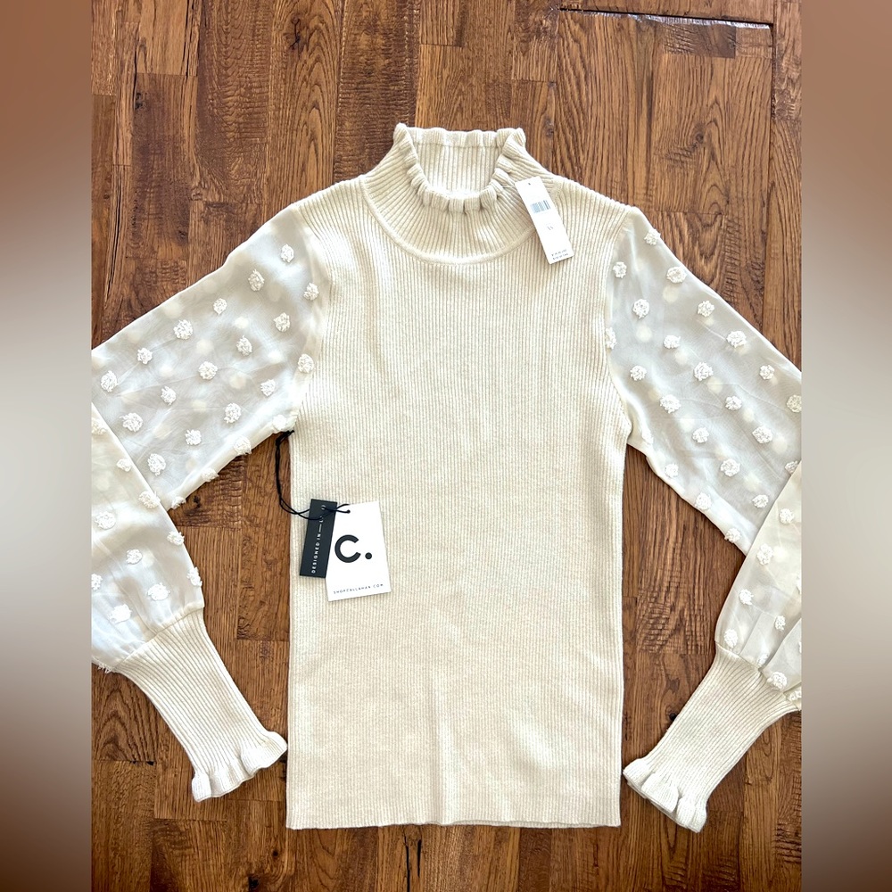 NWT Callahan‎ Knitwear Anthropologie Sheer Puff Sleeve Mock Swiss Dot Size XS H